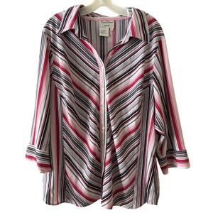 Fred David Blouse Woman Plus 2X Pink Red Striped Career Button Down 3/4 Sleeve
